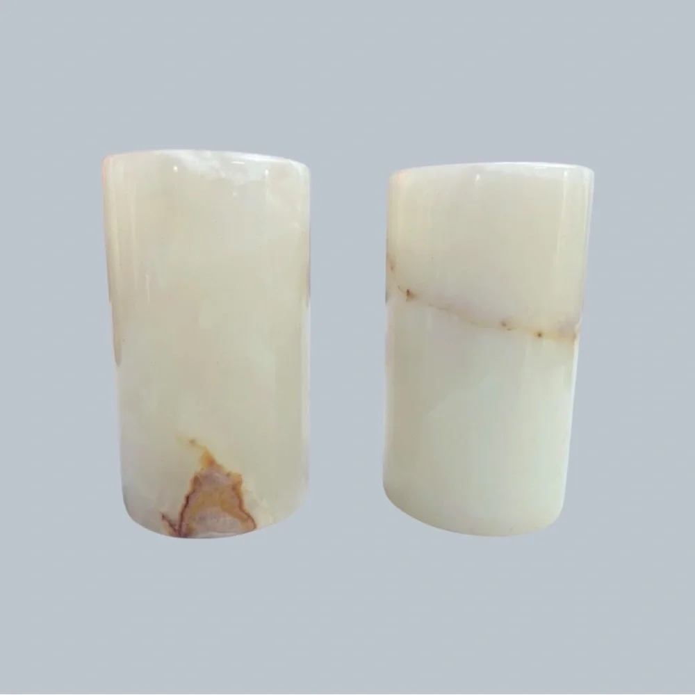 Vintage Natural Onyx Alabaster Stone Tea Light Candle Holders Pair